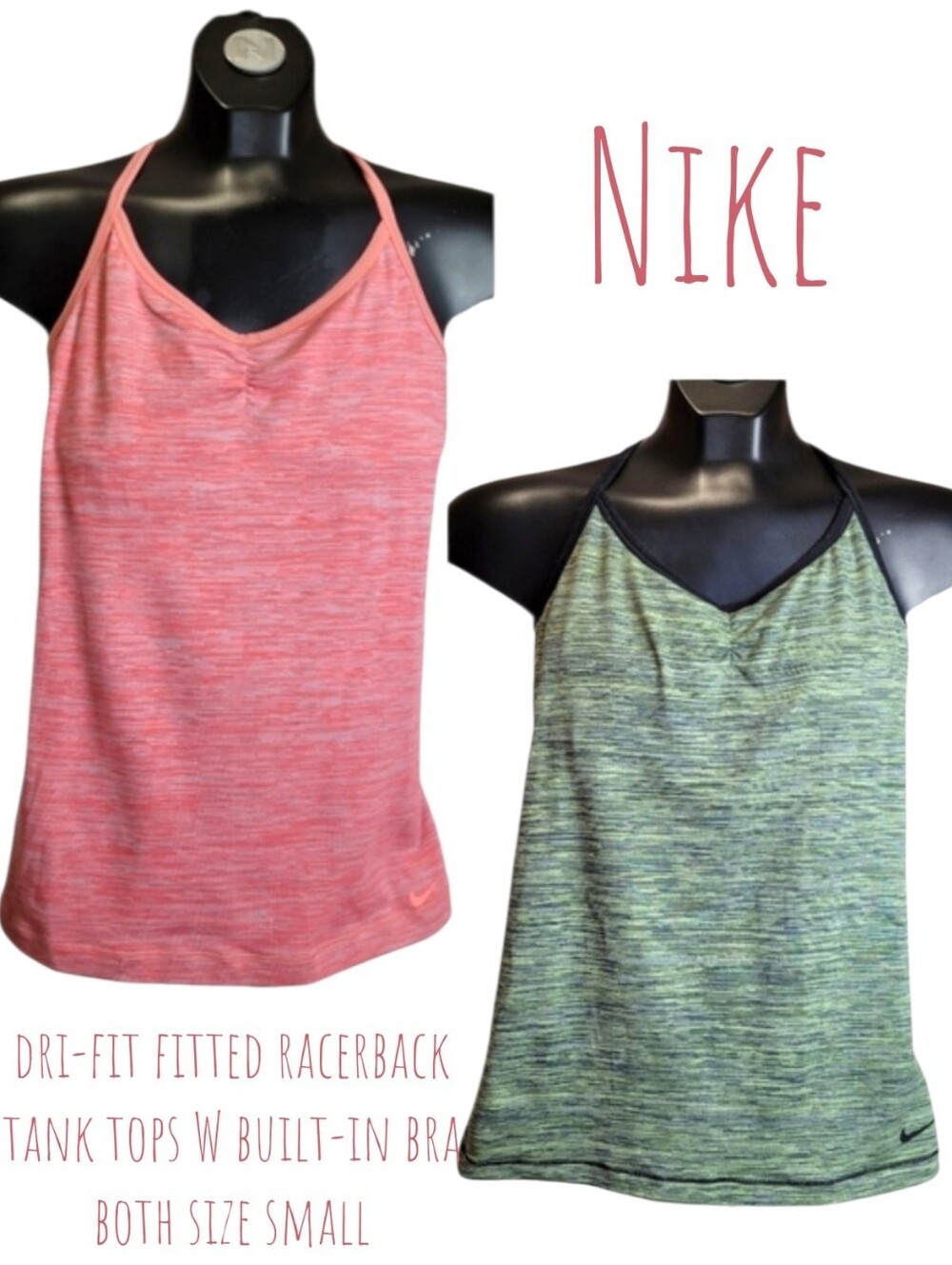 Nike Women's 2 dri-fit racerback tank tops built-in bra green & pink S Form Fit